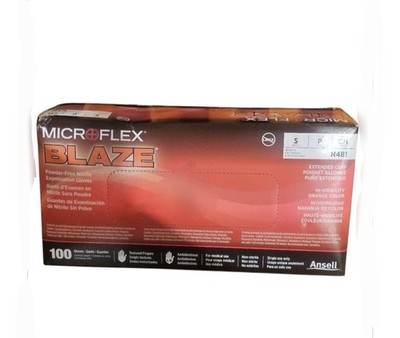 Ansell Microflex N481 Blaze Orange Nitrile Exam Glove Extended Cuff Small 100pk.