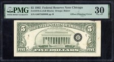 OVERPRINT ON BACK OFFSET Printing Error 1985 $5 Five Chicago FRN Note PMG VF 30