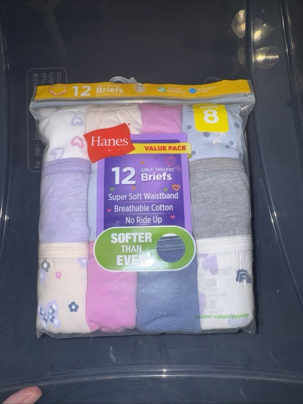 Hanes Tagless Briefs Girls Size 8, 100% Cotton12- Pack
