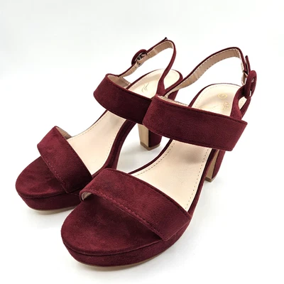 Women's Burgundy Faux Suede Platform Block Heel Sandals Size 7 Ankle Strap - Image 1 of 4