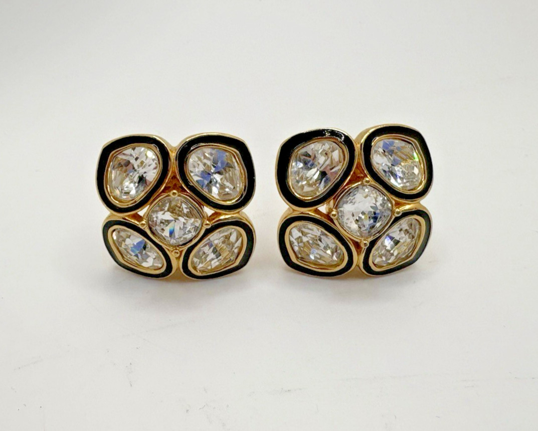 Vintage Art Deco Christian Dior Black Enamel Gold Tone Crystals Clip-on Earrings
