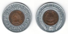 Good For 5¢ J.E. Cristy's WAUPACA, WIS.----Encased 1907 Penny Cent Token !