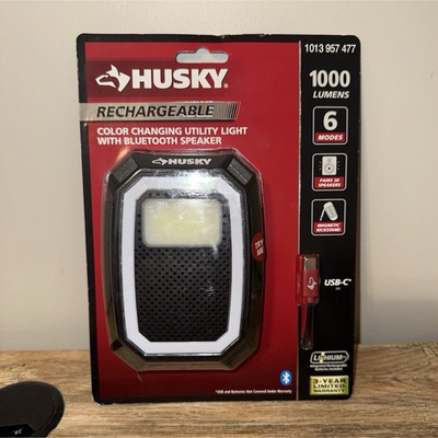 #ad Husky Rechargeable LED Worklight 1000 Lumens Bluetooth Speaker 1013 957 477 $24.99