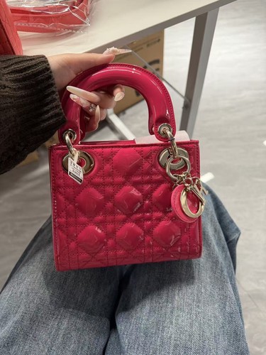 Dior Lady Dior Mini PinkRed Patent Leather Cannage Bag Silver Hardware Authentic