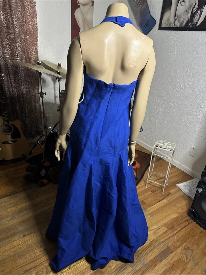 Vestido Halston Azul Real Heritage Sin Mangas Halter Vestido Formal Talla 2 Algodón/Seda Foto 3 de 4