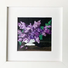 Framed Original Painting Purple Lilac Flowers Floral Dark Background Signed 7x7