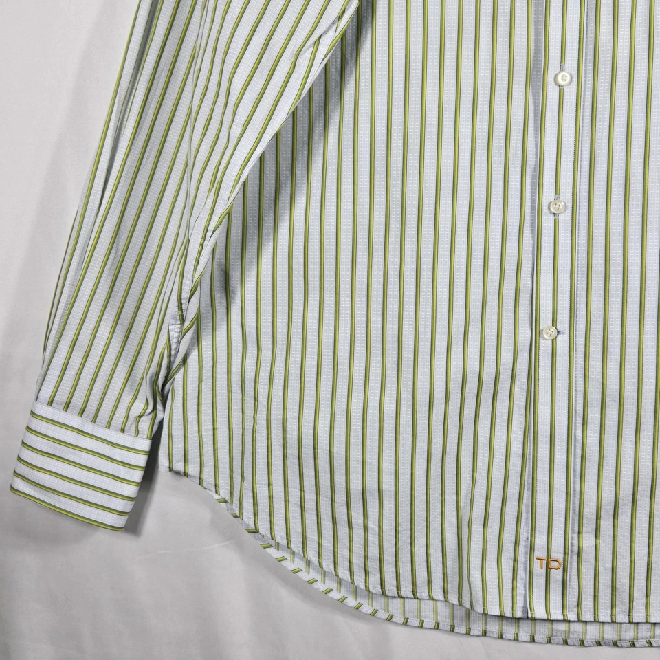 Camisa masculina Thomas Dean XL verde listra branca manga longa contraste punho botão para cima - Imagem 4 de 4