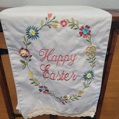 Easter Table Runner 14 × 74 Embroidered  Happy Easter  Floral ring Linen Feel