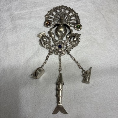 Vintage Peruvian Peacock Tupo Shawl  Brooch w/Dangling Fish, Pot, Pitcher.