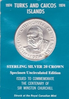 Moneda de plata grande 1974 Islas Turcas y Caicos 20 coronas (Churchill)