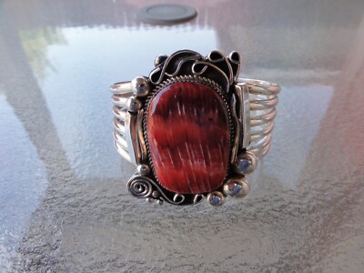 Navajo Sterling Silver Spiny Oyster Bracelet Cuff By Ray Nez RN Weighs 121 Grams