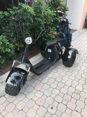 Three wheel scooter -has golf bag carrier on the back