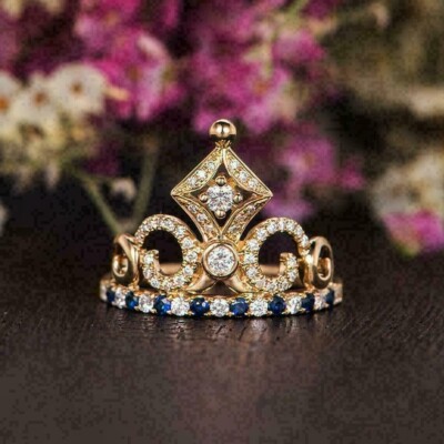 2 Ct Round Simulated Blue Sapphire Crown Engagement Ring 14K Yellow Gold Plated