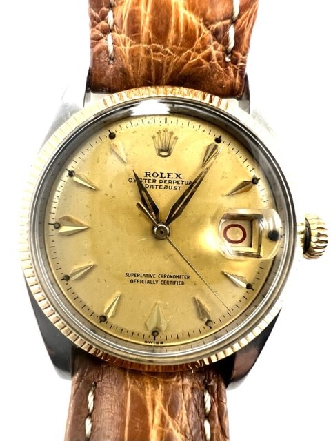 Rolex Datejust Ref 6605 Reeded Gold Bezel Cal.1065 Watch Leather