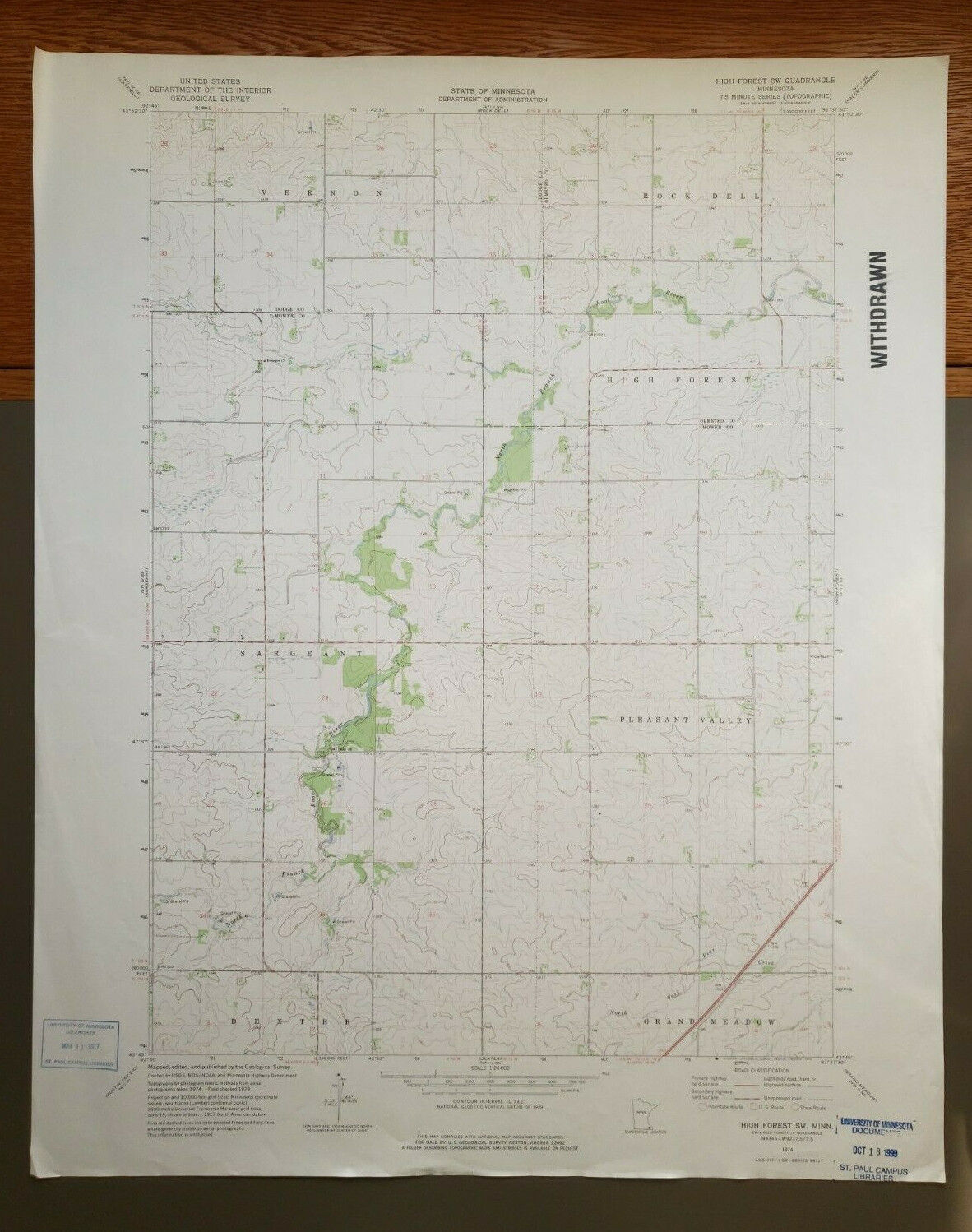 High Forest SW, Minnesota Original Vintage 1974 USGS Topo Map 27" x 22" 