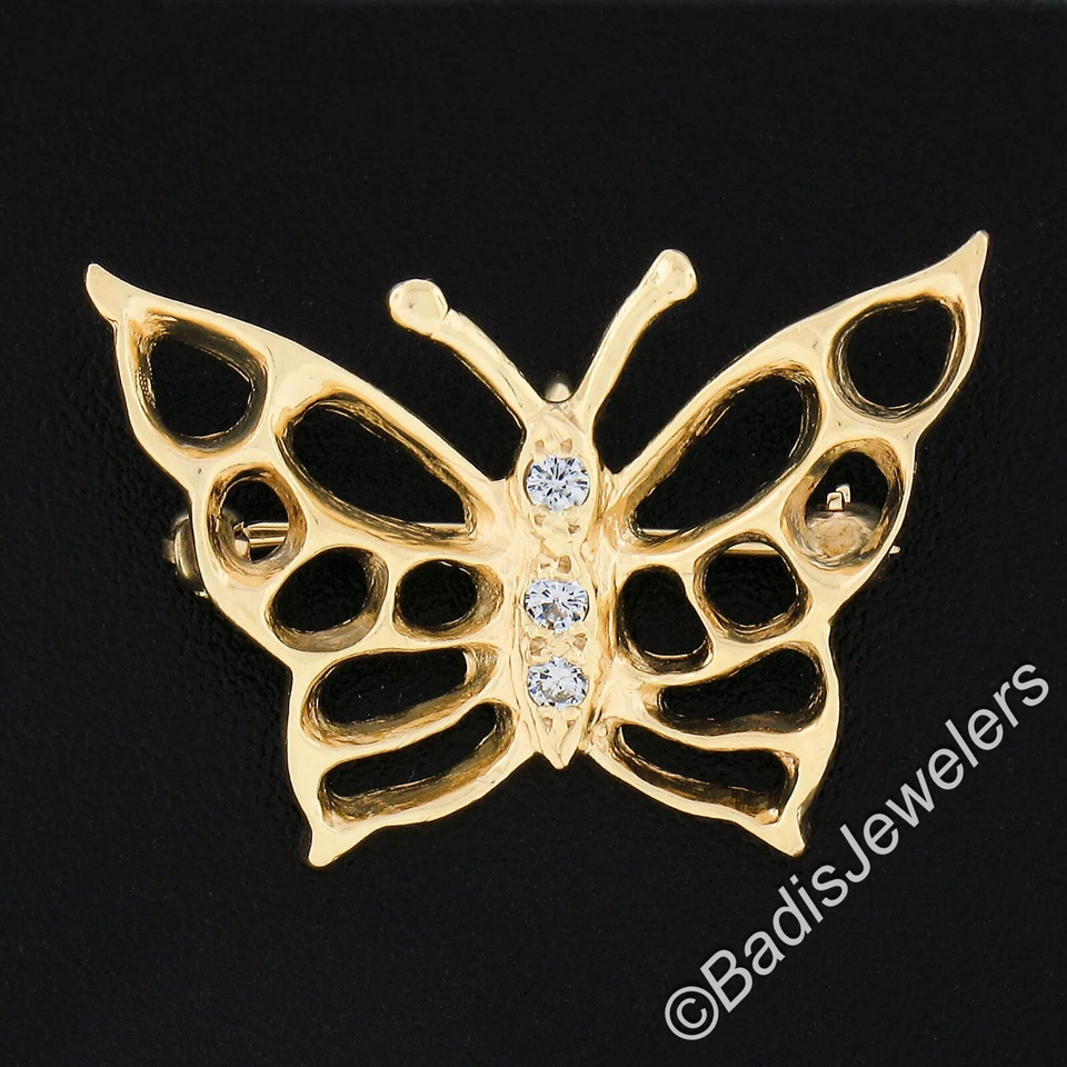 14k Gold 0.09ct Diamond Polished Butterfly w/ Open Work Wings Brooch Pin Pendant - Image 2 of 4