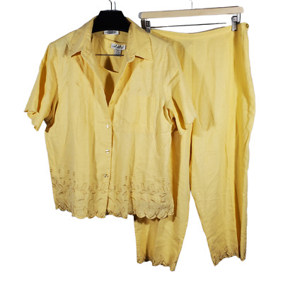 Vintage AKC 3pc Pant Suit Set Women's 1X Pastel Yellow Linen Blend Casual 1990s