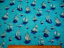 Nautical Quilt Fabric By Yard Navy White Sailboat Turquoise Sea Premium Cotton C