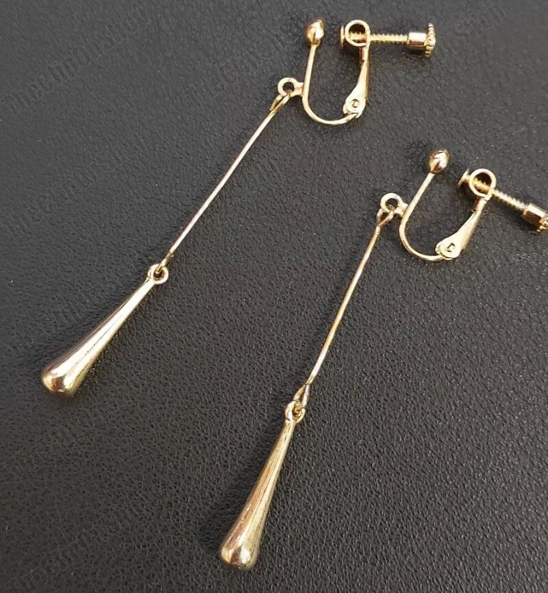 CLIP ON 6cm long GOLDTONE metal drop EARRINGS gold fashion DROPPER
