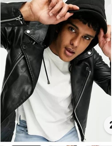 Leather Jacket River Island faux leather black biker jacket with hood men's sz S - Picture 2 of 15