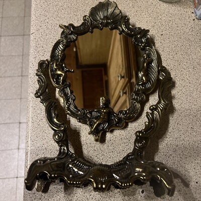 Antique Brass Ornate Swivel Vanity Table Mirror Victorian French Shell Cherub