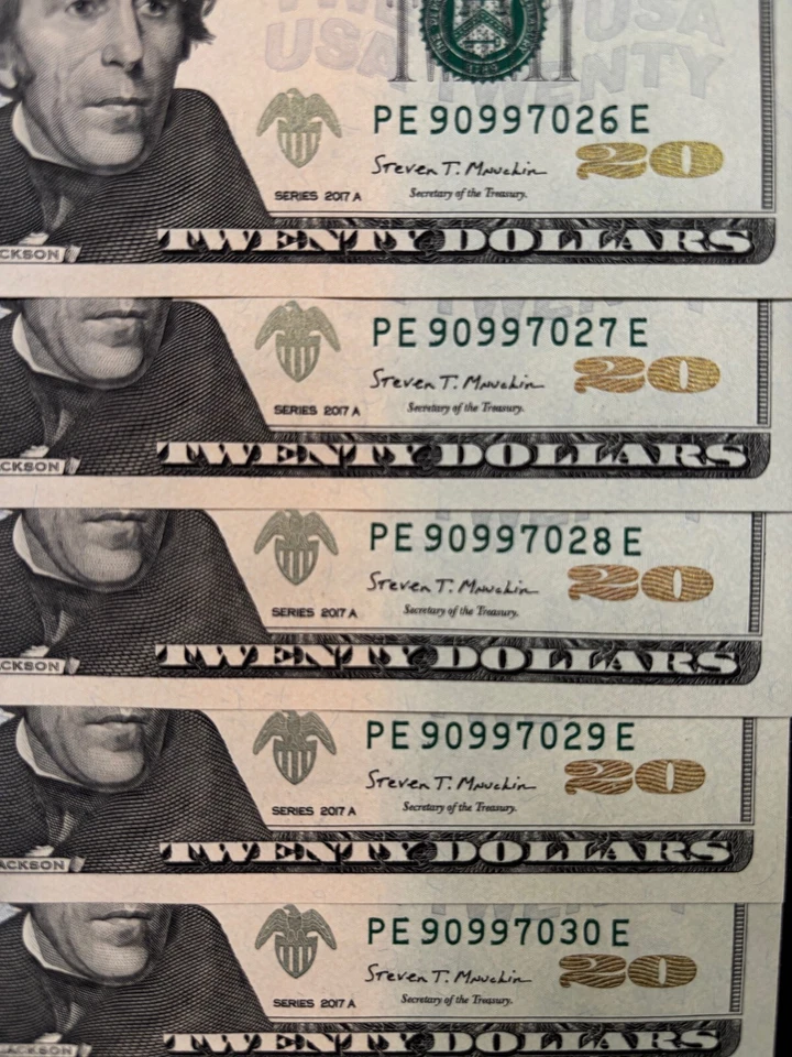 Lot of 5-NEW Uncirculated Sequential TWENTY DOLLAR $20 Bills - 2017A, $100 Face  - Image 2 of 4