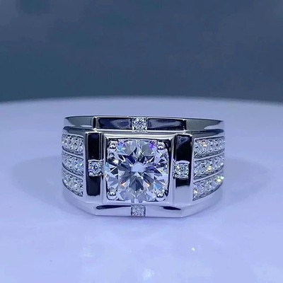 Round Cut 2Ct Test Pass Moissanite Men's Wedding Band Ring 14K White Gold Plated