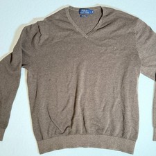 Polo Ralph Lauren L Brown Herringbone V-Neck Pima Cotton Knit Sweater Classic
