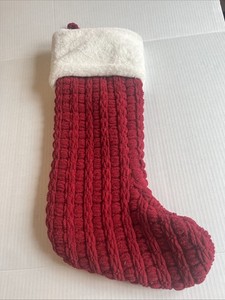 Pier 1 Imports Red Chenille Christmas Stocking White Faux Fur Cuff Holiday Door