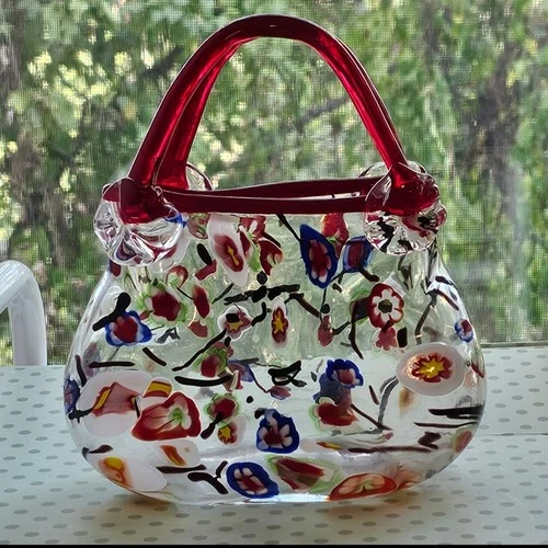 Vintage Art Glass Purse Vase Millefiori Murano Style Hand Blown Crystal