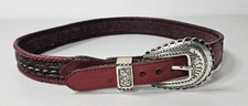 Nocona Red Leather Belt Size 32 Womens Western Silver Buckle
