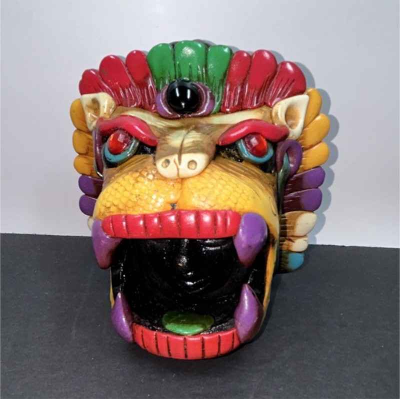  Aztec Death Whistle “Jaguar Knight”, Handmade Ceramic Mexica Colored Imported 