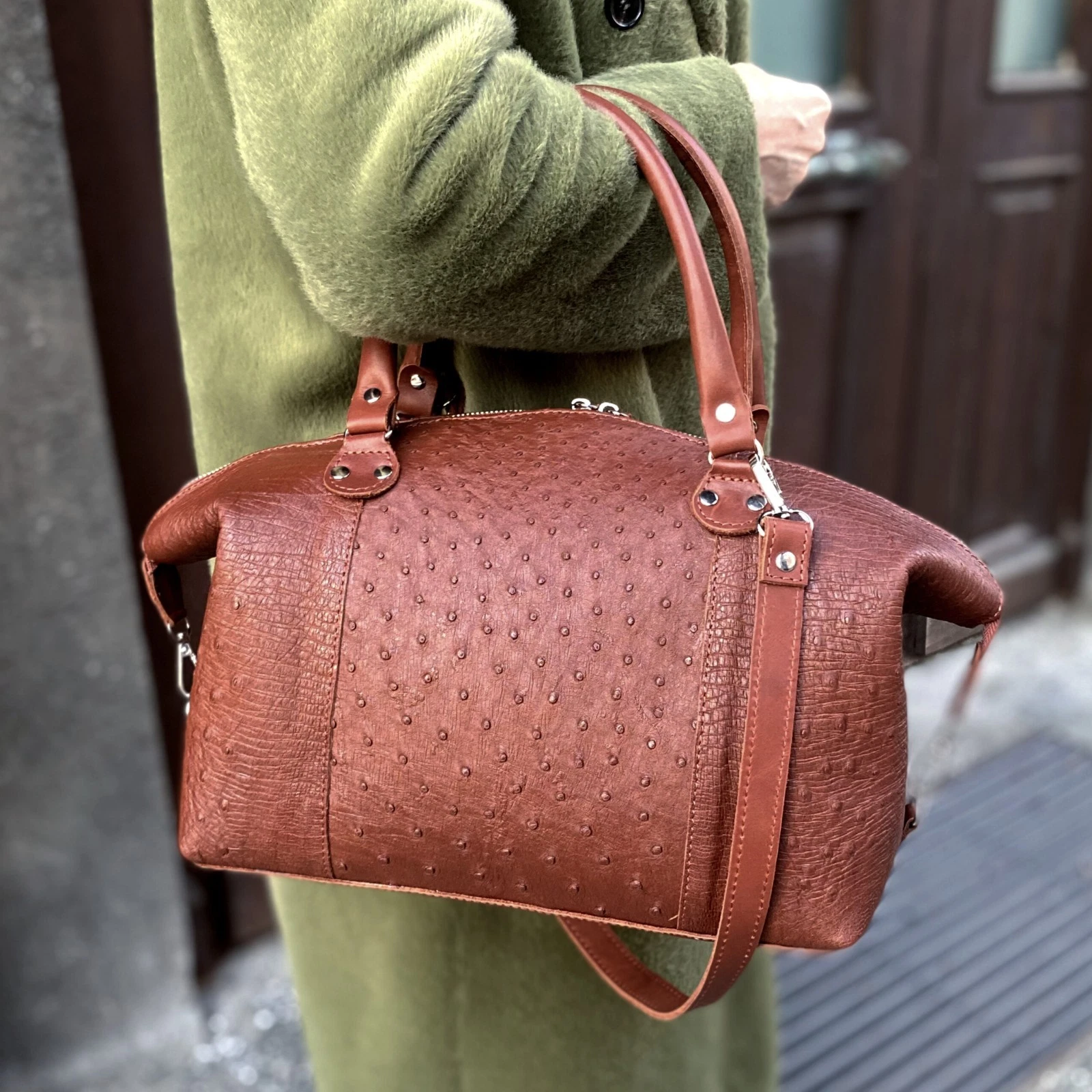 Women's Ostrich Leather Handbag Luxury Brown Shoulder Bag Tote Purse