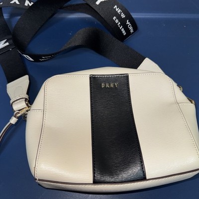 DKNY Camera Crossbody Off White Bag Logo Guitar Black White Strap Great Cond
