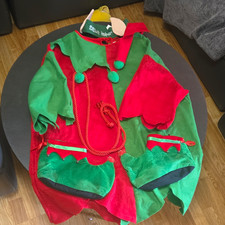 Christmas Elf Costume Complete Outfit Red/Green Polyester Stretch One Size Hat