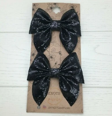 2 Black Chunky Glitter Bow Clips Pinch Bows Girls Hair Accessories Halloween