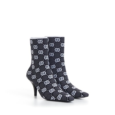 GUCCI 1250$ Women's Black GG Knit Ankle Boots - Pointed Toe - Metal G signature
