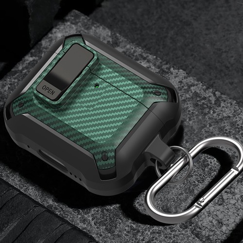 For Airpods 4th/3rd/2/1/Pro 2nd Carbon Fiber Rugged Shockproof Keychain Case - Picture 2 of 19