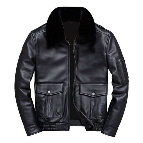 Men's Real Fur Collar Genuine Lambskin Leather Pilot Airforce Jacket