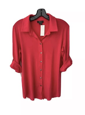 NEW Pure Amici Womens Size Medium Coral Pink Bamboo Collared Shirt 3/4 Sleeve 