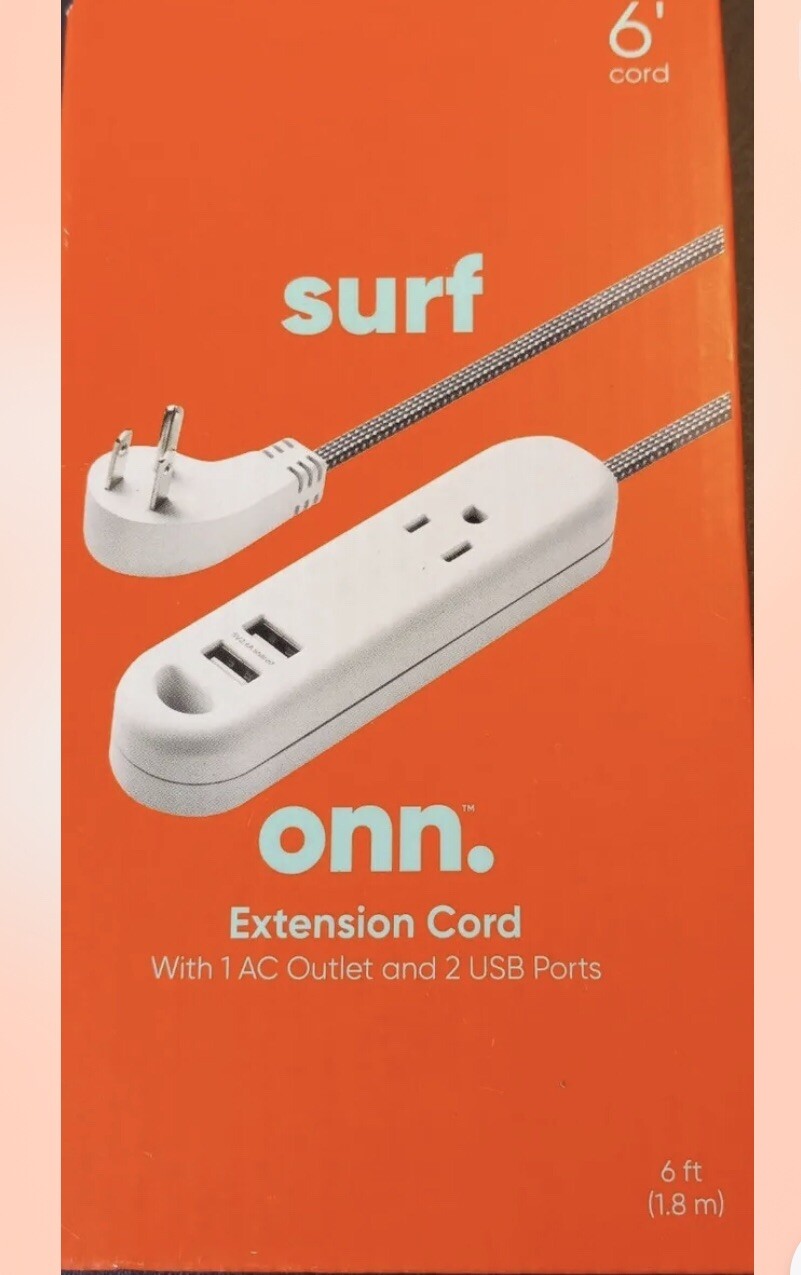 Onn Extension Cord Surge Protector with 1 AC Outlet and 2 USB Ports 6ft Power-image