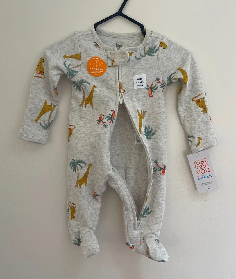 Lindos animales de la selva algodón Just One You Carters cremallera bidireccional 1 pieza gris nuevo con etiquetas Foto 3 de 4