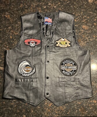 Vintage Harley Davidson Men's Black Leather Embroidered Vest Size
