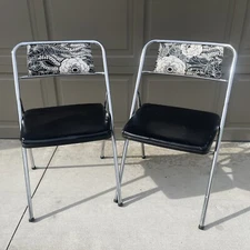 Vintage Mid Century Retro Cosco Floral Gatefold Metal/Vinyl Folding Chairs Set/2