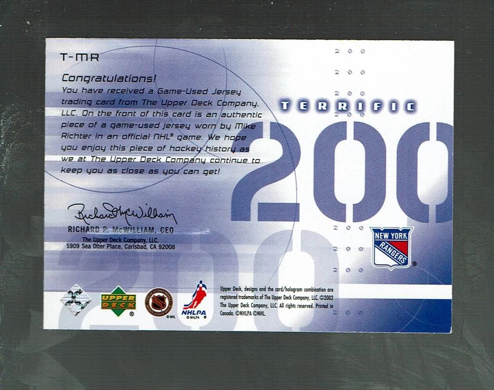 2001-02. Upper Deck. Challenge for the Cup Jersey.  Mike Richter   #T-MR - Image 2 of 2