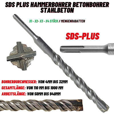 SDS Plus Betonbohrer Ø6 32 mm   Hammerbohrer Kreuzschneide X für Stein & Beton