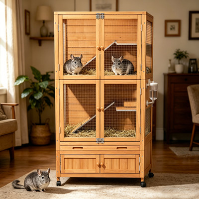 Chew-Proof Wooden Ventilated Chinchilla Cage with Wheels and Storage Cabinet