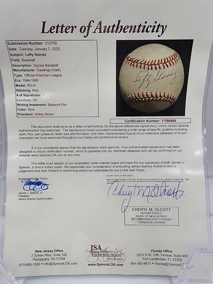 Lefty Gomez Signed Baseball JSA LOA Auto Autograph NY Yankees Hall of FAMER - Image 4 of 4