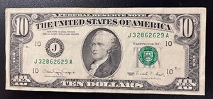 Ten Dollar Bill $10 1990 Older Note J32862629A Miscut Error sb2-26