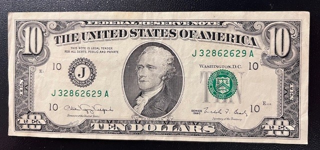 Ten Dollar Bill $10 1990 Older Note J32862629A Miscut Error sb2-26